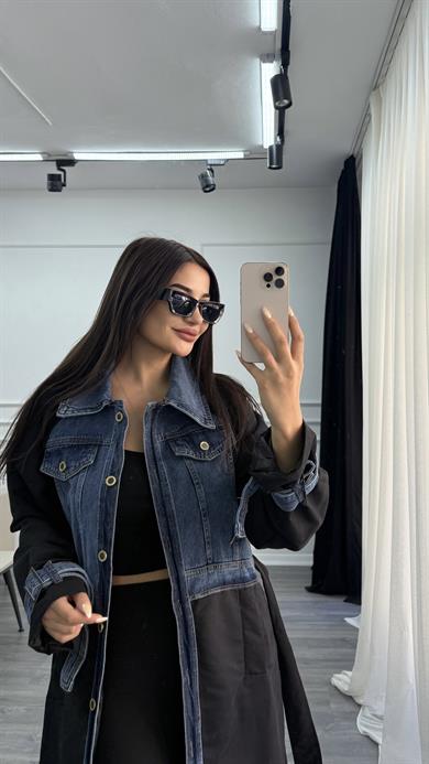 Siyah Uzun Denim Detaylı Kuşaklı Trençkot