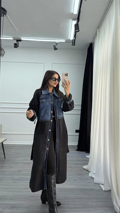 Siyah Uzun Denim Detaylı Kuşaklı Trençkot