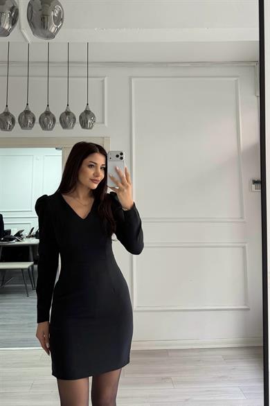 Siyah V Yaka Balon Kol Kısa Boy Dokuma Elbise
