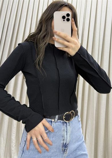 Siyah Yarım Balıkçı Uzun Kol Önü Dikiş Detay Kadın Body