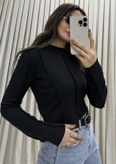 Siyah Yarım Balıkçı Uzun Kol Önü Dikiş Detay Kadın Body