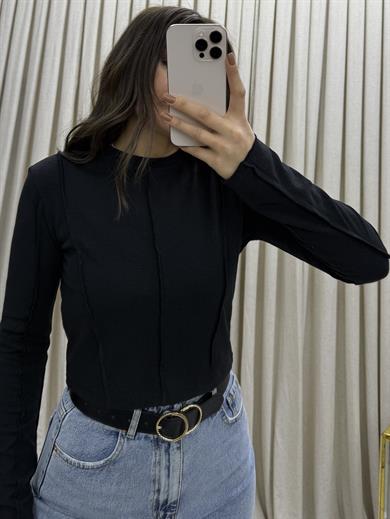 Siyah Yarım Balıkçı Uzun Kol Önü Dikiş Detay Kadın Body