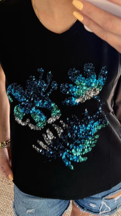 Siyah Yeni Sezon %100 Pamuk T-shirt-Çiçek İşlemeli