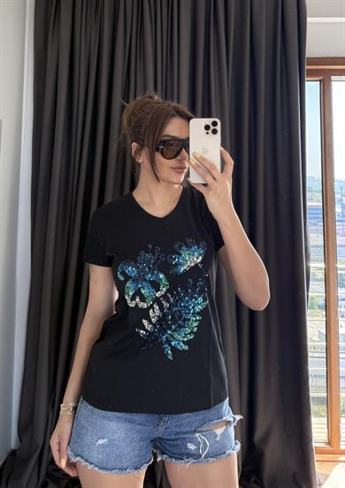 Siyah Yeni Sezon %100 Pamuk T-shirt-Çiçek İşlemeli