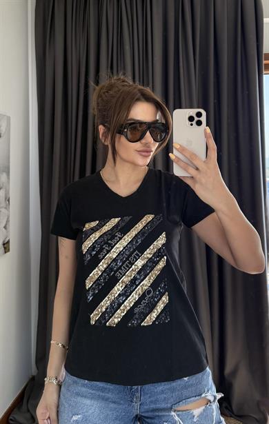 Siyah Yeni Sezon %100 Pamuk T-shirt-İşlemeli