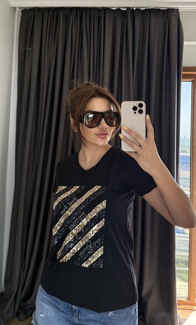 Siyah Yeni Sezon %100 Pamuk T-shirt-İşlemeli