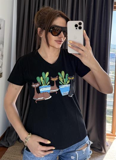 Siyah Yeni Sezon %100 Pamuk T-shirt-Kaktüs Pul Payet İşlemeli