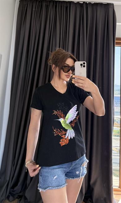 Siyah Yeni Sezon %100 Pamuk T-shirt-Kuş Işlemeli