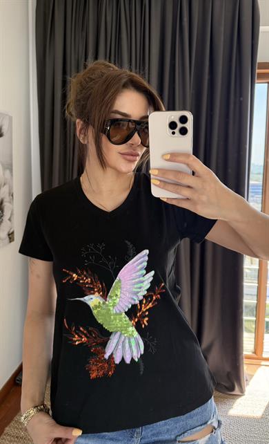 Siyah Yeni Sezon %100 Pamuk T-shirt-Kuş Işlemeli