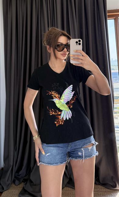Siyah Yeni Sezon %100 Pamuk T-shirt-Kuş Işlemeli