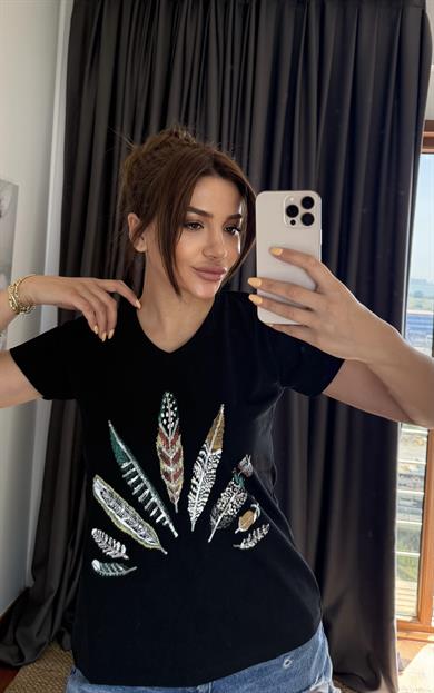 Siyah Yeni Sezon %100 Pamuk T-shirt-Tuy İşlemeli