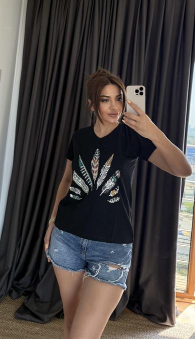 Siyah Yeni Sezon %100 Pamuk T-shirt-Tuy İşlemeli