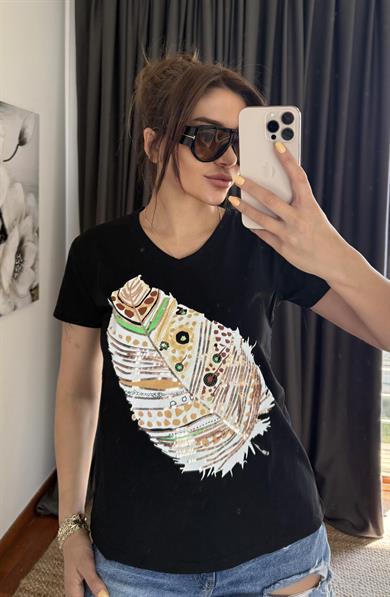 Siyah Yeni Sezon %100 Pamuk T-shirt-Yaprak Pul Payet İşlemeli