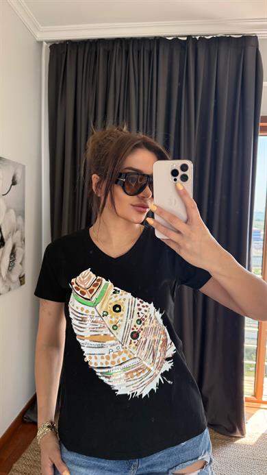 Siyah Yeni Sezon %100 Pamuk T-shirt-Yaprak Pul Payet İşlemeli