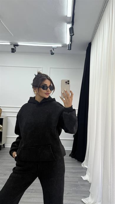Siyah Yıkamalı Oversize Kalın İçi Polarlı  Örme Takım
