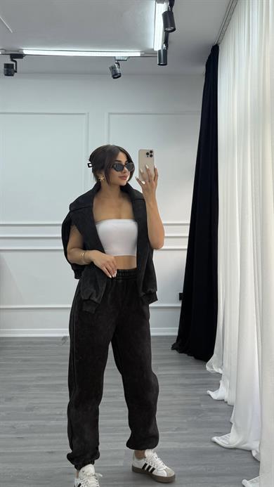 Siyah Yıkamalı Oversize Kalın İçi Polarlı  Örme Takım