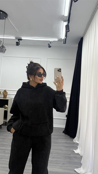 Siyah Yıkamalı Oversize Kalın İçi Polarlı  Örme Takım