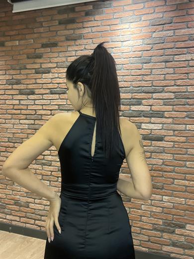 Siyah Yırtmaçlı Abiye Saten  Kadın Elbise