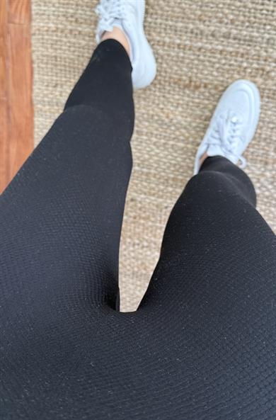 Sporcu Fitilli Yüksek Bel Dikişsiz Örme Fitilli Tayt-siyah