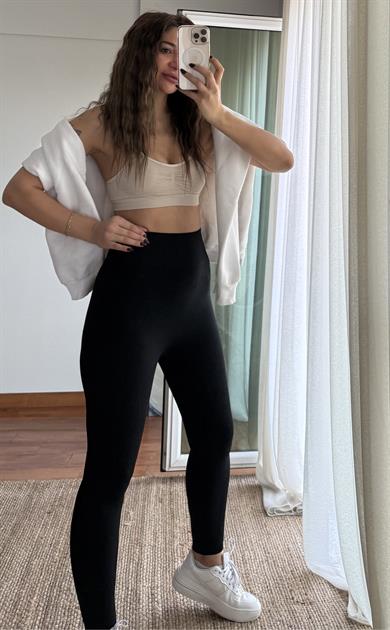 Sporcu Fitilli Yüksek Bel Dikişsiz Örme Fitilli Tayt-siyah