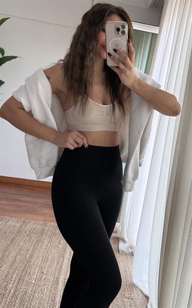 Sporcu Fitilli Yüksek Bel Dikişsiz Örme Fitilli Tayt-siyah