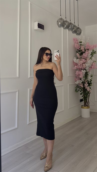 Straplez Yırtmaçlı Midi Elbise Siyah