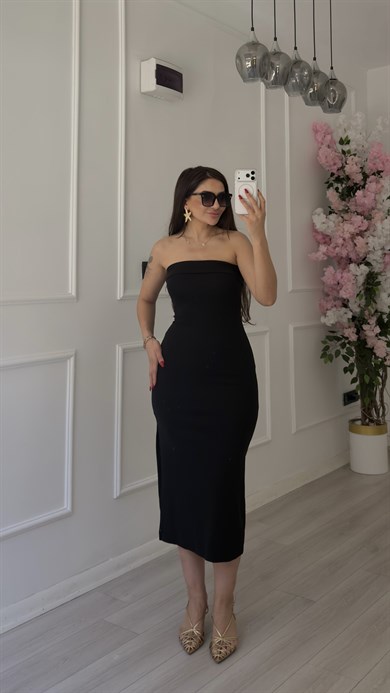 Straplez Yırtmaçlı Midi Elbise Siyah