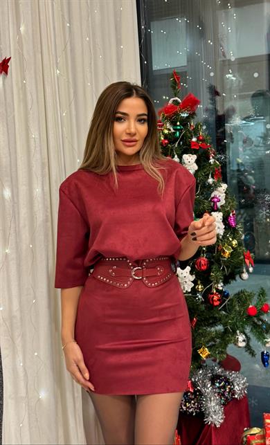 Süet Kumaş Kemerli Elbise-Bordo