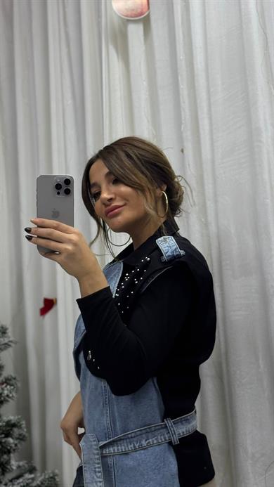 Taş Detaylı Belden Bağlamalı Kolsuz Denim Kumaş Kot Yelek