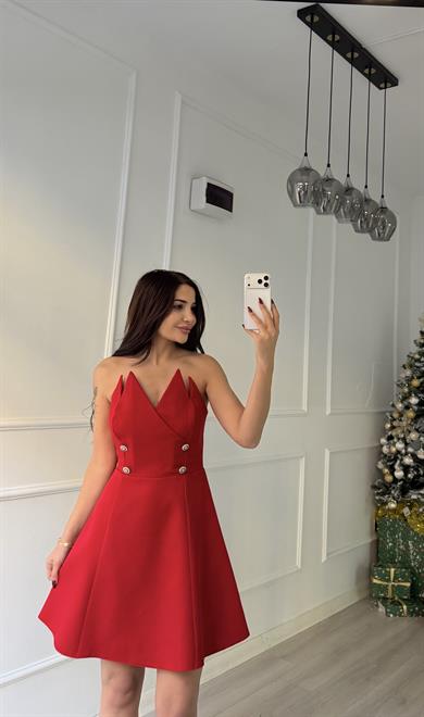 Taş Detaylı Straplez Mini Abiye Elbise-Kırmızı