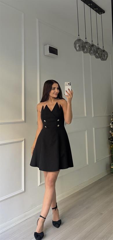 Taş Detaylı Straplez Mini Abiye Elbise-siyah