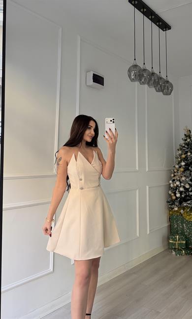 Taş Detaylı Straplez Mini Abiye Elbise-Bej
