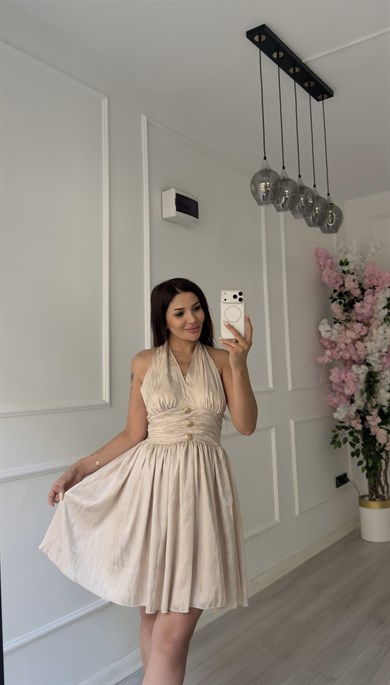 Boyundan Bağlamalı Gold Düğmeli Drape  Elbise