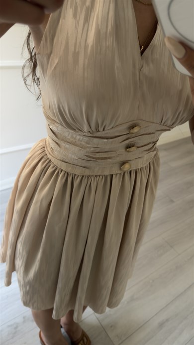 Boyundan Bağlamalı Gold Düğmeli Drape  Elbise