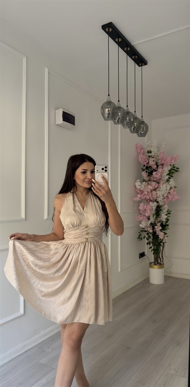 Boyundan Bağlamalı Gold Düğmeli Drape  Elbise