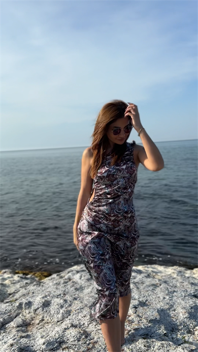 Turkuaz Bele  Oturan Midi Tek Omuz Saten Elbise