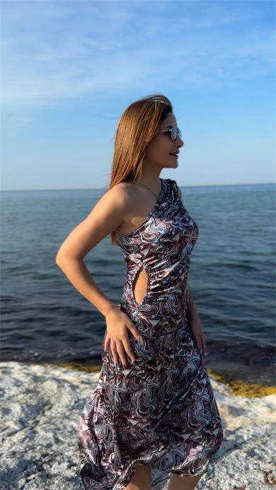 Turkuaz Bele  Oturan Midi Tek Omuz Saten Elbise