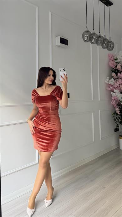 Turuncu Yanı Drape Detaylı Elbise