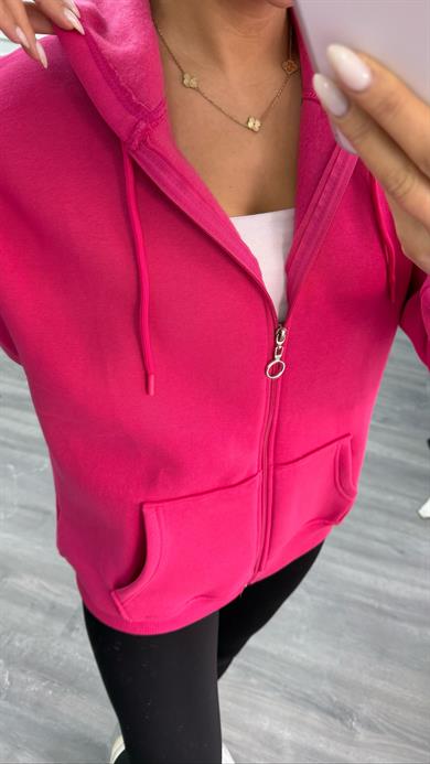 Üç İplik Kapüşonlu Sweatshirt Fuşya