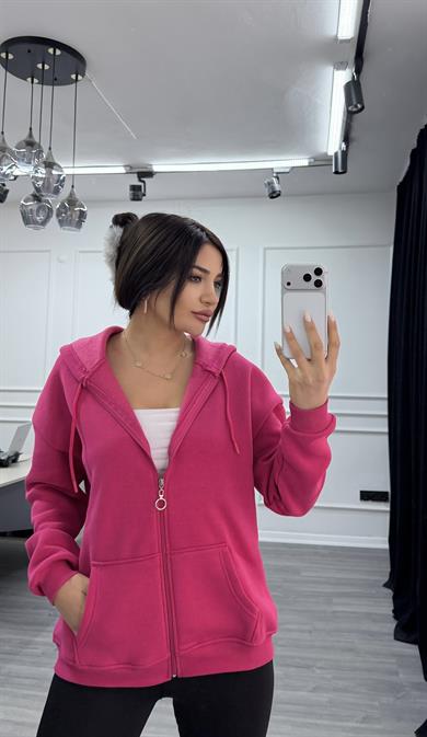 Üç İplik Kapüşonlu Sweatshirt Fuşya