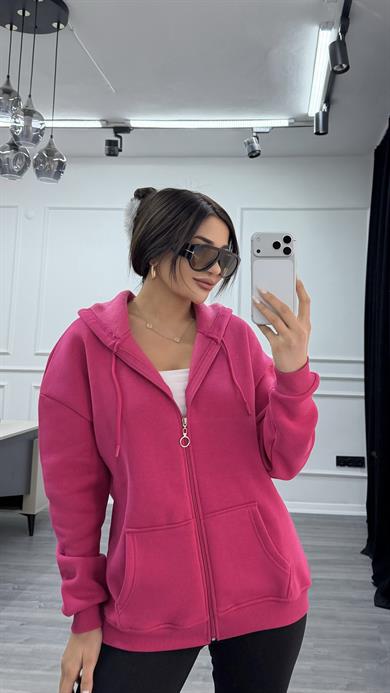 Üç İplik Kapüşonlu Sweatshirt Fuşya