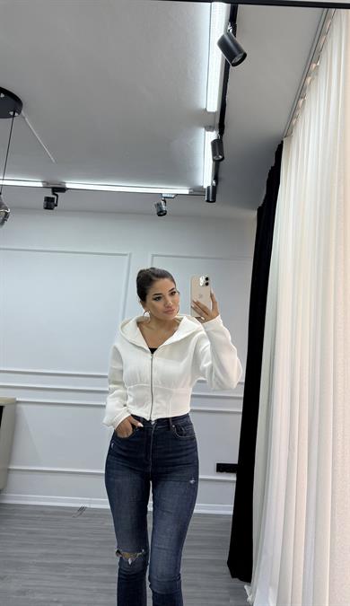 Üç İplik Şardonlu Kapüşonlu Kadın Sweatshirt Beyaz 