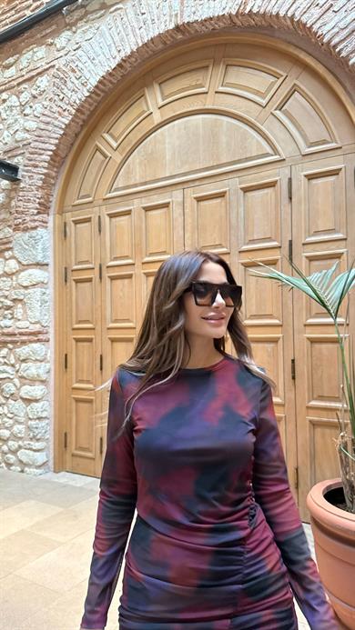 Tül Elbise Batik Desenli Drape Detaylı Uzun Kollu Bisiklet Yaka Astarlı