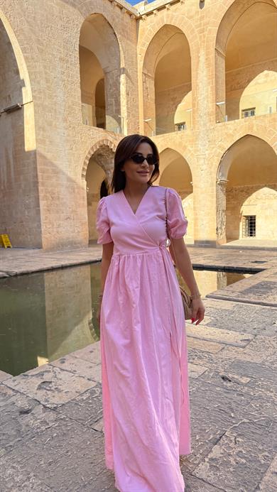 V Yaka Belden Bağlamalı Müslin Elbise PEMBE