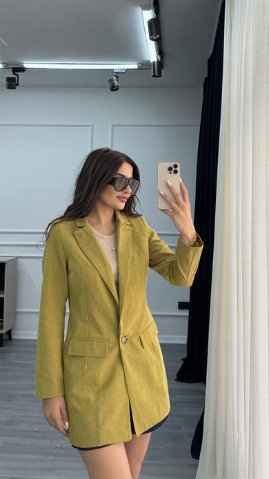 Yağ Yeşili Düğmeli Keten Blazer Ceket