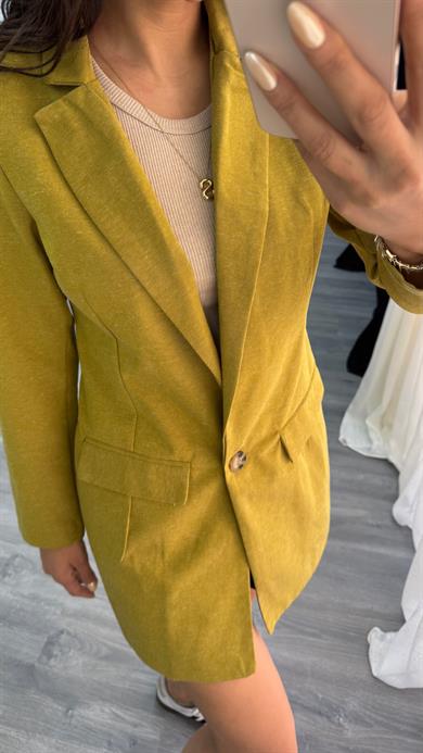 Yağ Yeşili Düğmeli Keten Blazer Ceket