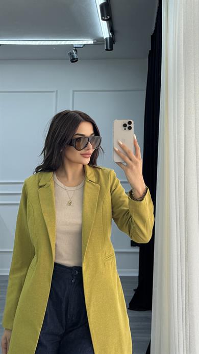 Yağ Yeşili Düğmesiz Keten Blazer Ceket