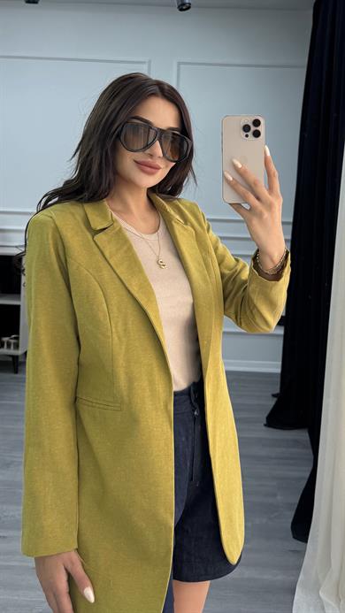 Yağ Yeşili Düğmesiz Keten Blazer Ceket