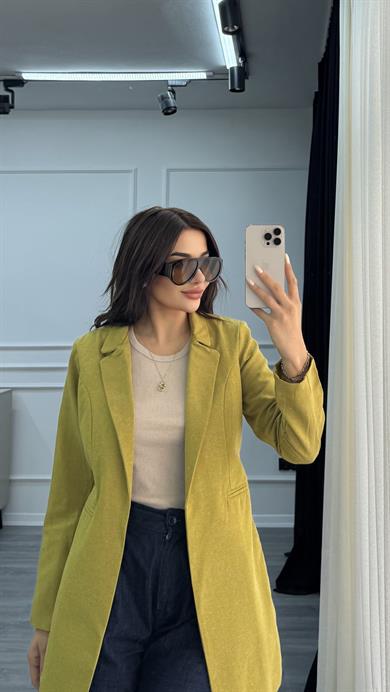 Yağ Yeşili Düğmesiz Keten Blazer Ceket