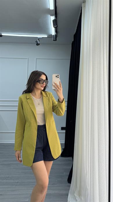 Yağ Yeşili Düğmesiz Keten Blazer Ceket